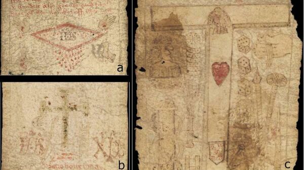 Средневековый пергамент с обозначениями, служащими оберегом для роженицы