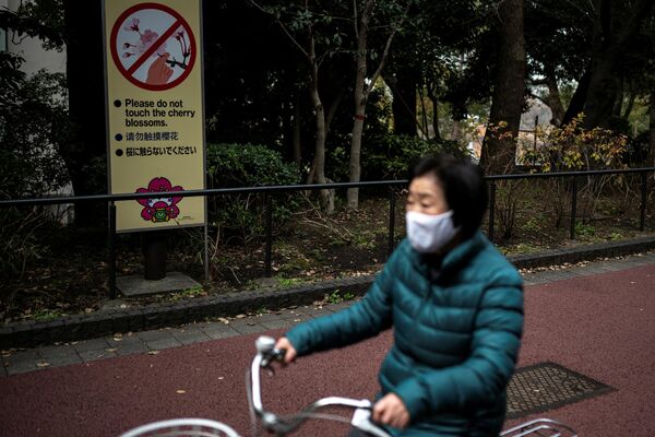 Женщина проезжает мимо предупреждения не трогать цветки сакуры в парке в Токио 