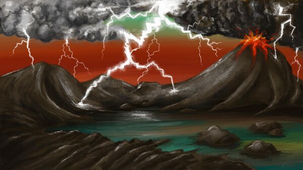 Художественное представление ранней Земли. Молнии, ударяющие в вулканические породы, создают фульгуриты, которые содержат фосфор в растворимой форме