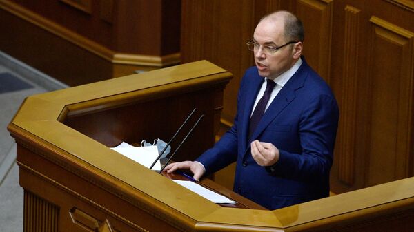 Министр здравоохранения Украины Максим Степанов выступает на внеочередном заседании Верховной рады Украины в Киеве.