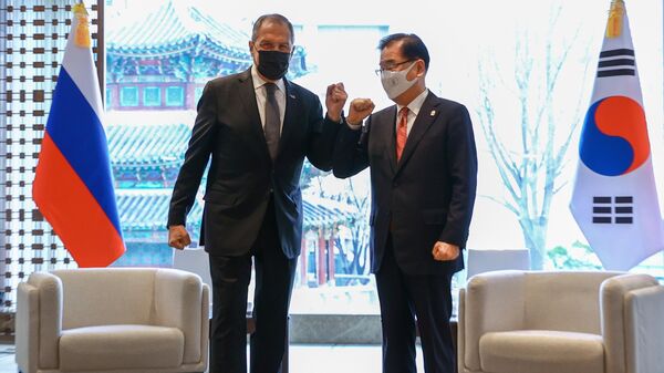 Министр иностранных дел РФ Сергей Лавров и министр иностранных дел Южной Кореи Чон Ый Ён во время встречи в Сеуле