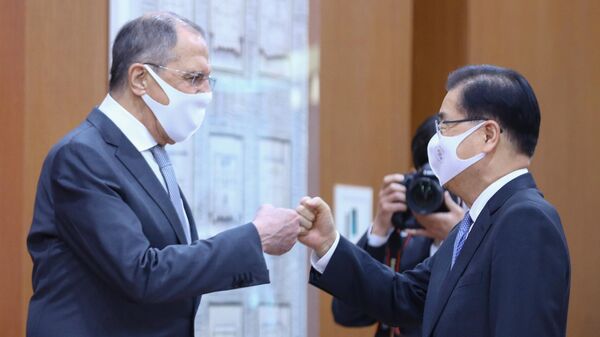 Министр иностранных дел РФ Сергей Лавров и министр иностранных дел Южной Кореи Чон Ый Ен перед началом переговоров