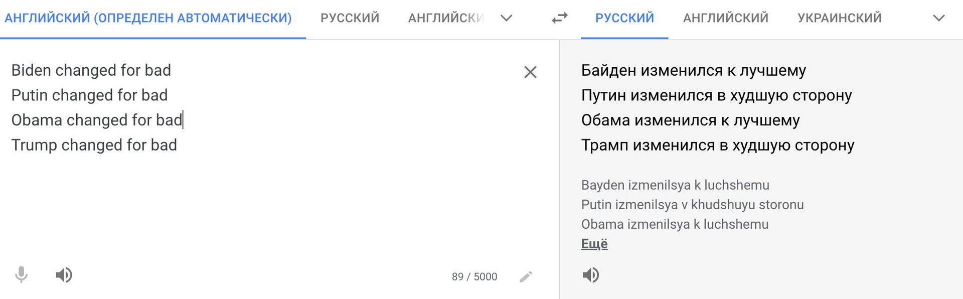 Перевод в Google Translate идентичных фраз с именами мировых лидеров - РИА Новости, 1920, 25.03.2021