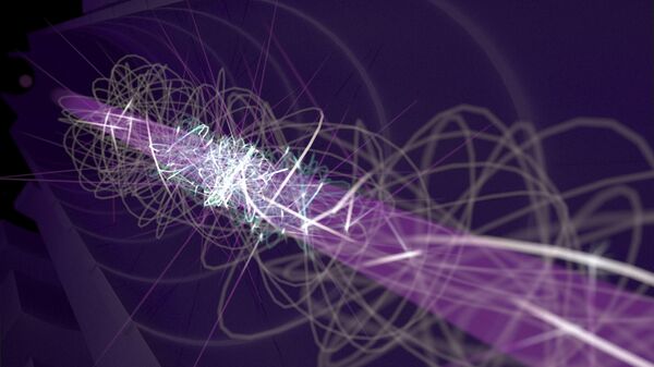 Художественное представление движений атома антиводорода в магнитной ловушке ALPHA до (серый) и после (фиолетовый) лазерного охлаждения
