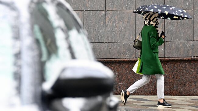 Девушка идет под зонтом во время снегопада в Москве
