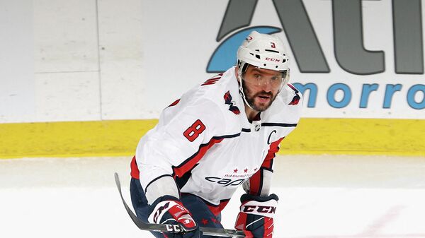 NEWARK, NEW JERSEY - APRIL 02: Alex Ovechkin #8 of the Washington Capitals skates against the New Jersey Devils on April 02, 2021 in Newark, New Jersey.   Bruce Bennett/Getty Images/AFP (Photo by BRUCE BENNETT / GETTY IMAGES NORTH AMERICA / Getty Images via AFP)