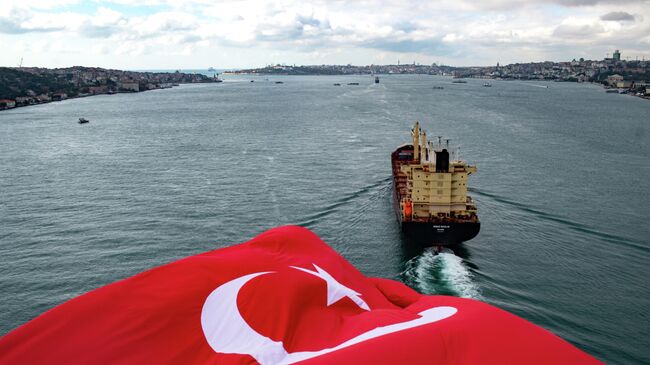 Турецкий флаг на мосту через пролив Босфор в Стамбуле