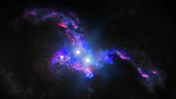 Художественное представление двух квазаров, находящихся в процессе слияния