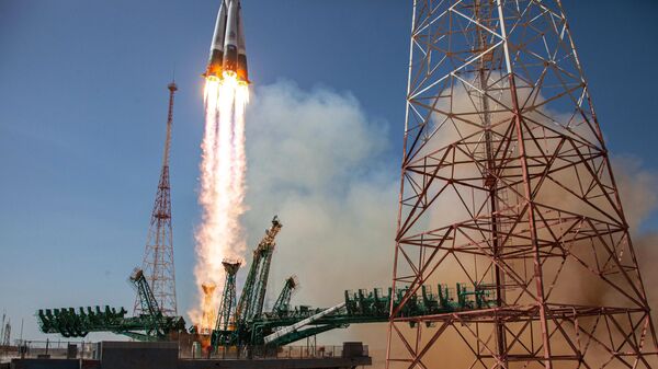 Запуск ракеты-носителя Союз-2.1а с кораблем Союз МС-18 с космодрома Байконур