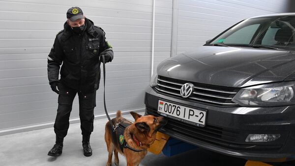 Кинолог со служебной собакой досматривают автомобиль в международном пункте пропуска Урбаны на белорусско-латвийской границе в Браславском районе 