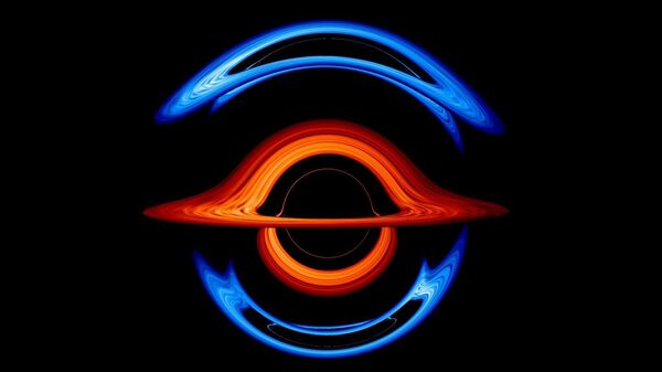 На этом кадре из новой визуализации на переднем плане находится сверхмассивная черная дыра весом 200 миллионов солнечных масс. Ее гравитация искажает свет от аккреционного диска меньшей сопутствующей черной дыры весом 100 миллионов солнечных масс. Аккреционный диск первой черной дыры показан красным, второй — синим