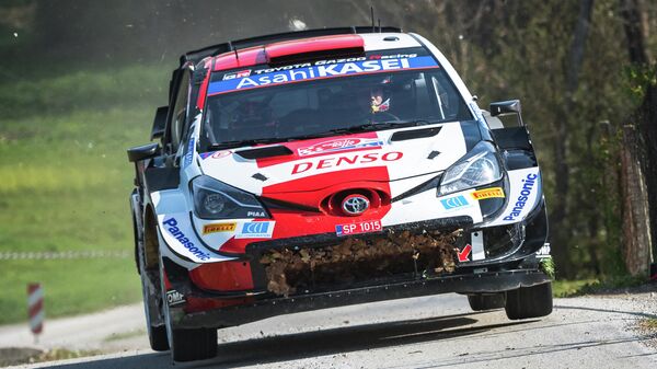 Sebastien Ogier of France and his co-driver Julien Ingrassia of France steer their Toyota Yaris WRC car during the 18th stage of the Croatia Rally, third round of the FIA World Rally Championship on April 25, 2021, in Kumrovec, north of capital Zagreb. (Photo by Andrej ISAKOVIC / AFP)
