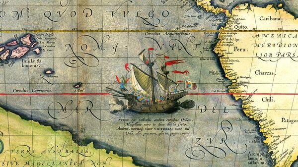 Корабль Ферндинанда Магеллана Виктория на карте Абрахама Ортелия