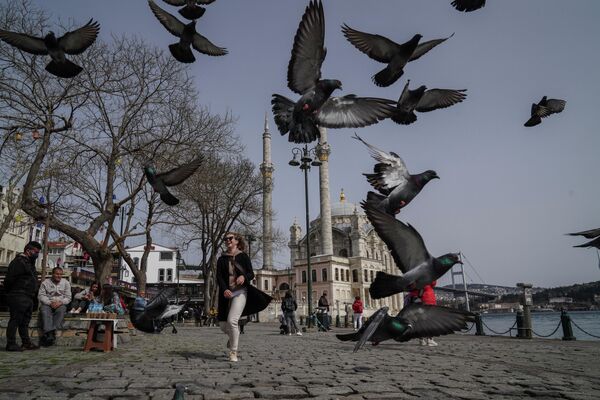 Туристы на набережной недалеко от мечети Ортакёй в Стамбуле