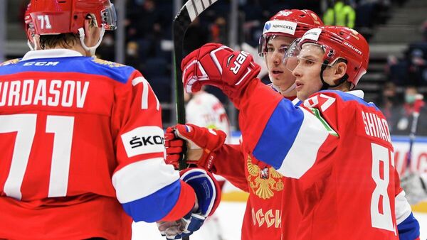 Хоккеисты сборной России в матче Еврочелленджа с национальной сборной Белоруссии