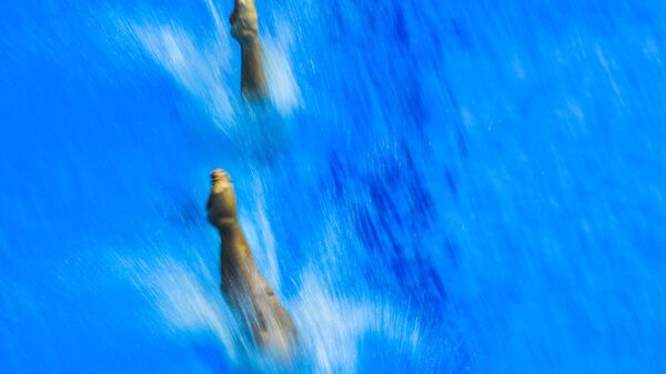 Со Сакаи и Кен Тераучи (Япония) в предварительных соревнованиях по синхронным прыжкам в воду с трамплина 3 м среди мужчин на XVIII чемпионате мира по водным видам спорта в южнокорейском Кванджу