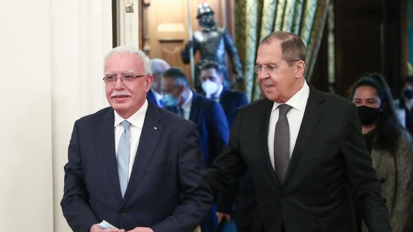 Министр иностранных дел РФ Сергей Лавров и министр иностранных дел Государства Палестина Рияд аль-Малики во время встречи в Москве