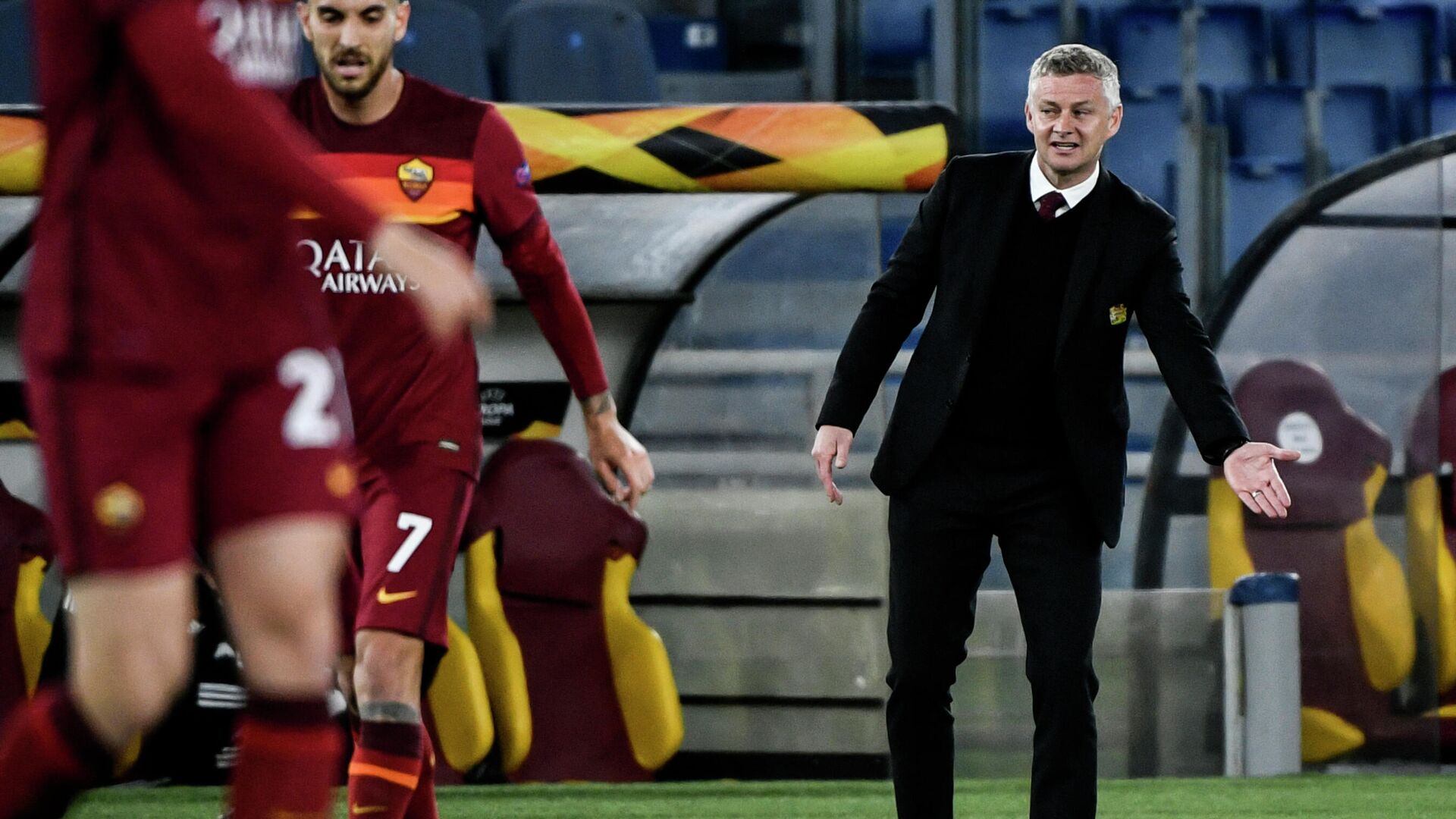 Manchester United's Norwegian coach Ole Gunnar Solskjaer reacts during the UEFA Europa League semi-final second leg football match between AS Roma and Manchester United at the Olympic Stadium in Rome, on May 6, 2021. (Photo by Filippo MONTEFORTE / AFP) - РИА Новости, 1920, 07.05.2021