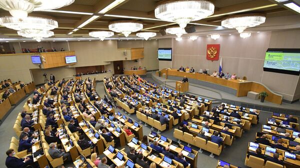 Председатель правительства РФ Михаил Мишустин во время выступления в Государственной думе РФ с отчетом о работе правительства 