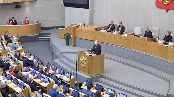 Председатель правительства РФ Михаил Мишустин выступает в Государственной думе РФ с отчетом о работе правительства за 2020 год