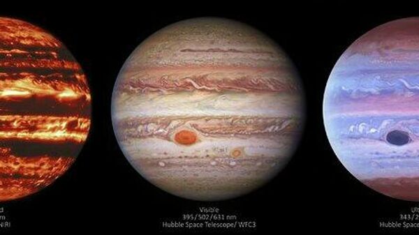 Изображения Юпитера в в трех диапазонах: слева — в инфракрасном, полученное прибором NIRI (Near-InfraRed Imager) в обсерватории Джемини на Гавайях; в центре и справа — соответственно в видимом и ультрафиолетовом свете, снимки космического телескопа Хаббл