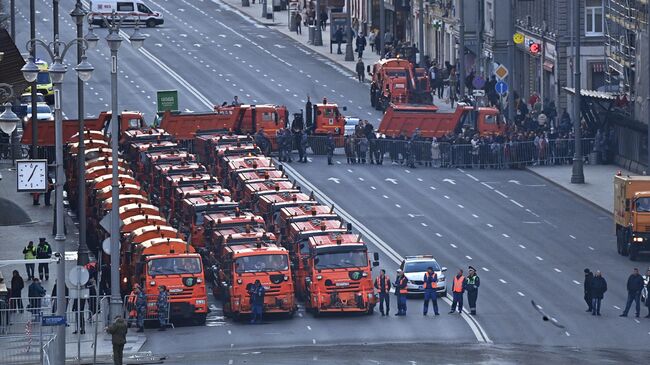 Перекрытая Тверская улица в Москве во время репетиции парада к 76-й годовщине Победы в Великой Отечественной войне