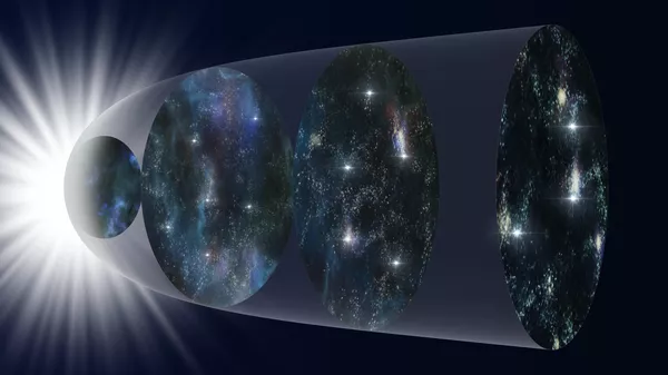 Схематическое изображение расширения Вселенной на протяжении ее истории