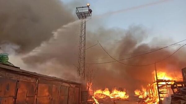 Пожар в Екатеринбурге, где горят пилорама и садовые дома