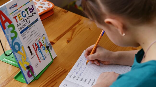 Ученица 1-го класса на удаленном занятии по русскому языку у себя дома