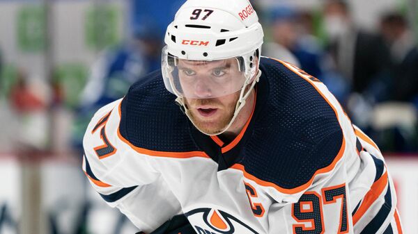 VANCOUVER, BC - MAY 03: Connor McDavid #97 of the Edmonton Oilers during NHL action against the Vancouver Canucks at Rogers Arena on April 16, 2021 in Vancouver, Canada.   Rich Lam/Getty Images/AFP (Photo by Rich Lam / GETTY IMAGES NORTH AMERICA / Getty Images via AFP)