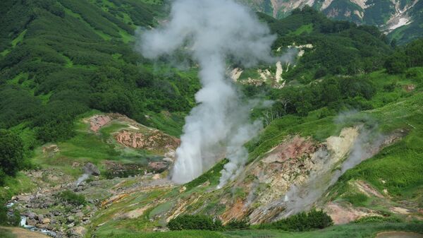 Извержение гейзера Великан в Долине Гейзеров в Кроноцком заповеднике