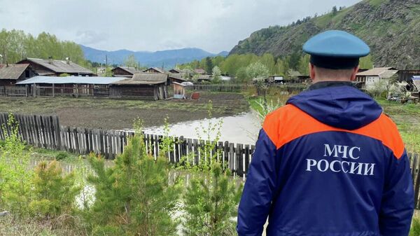 Сотрудник МЧС РФ осматривает затопленную территорию в Хакасии