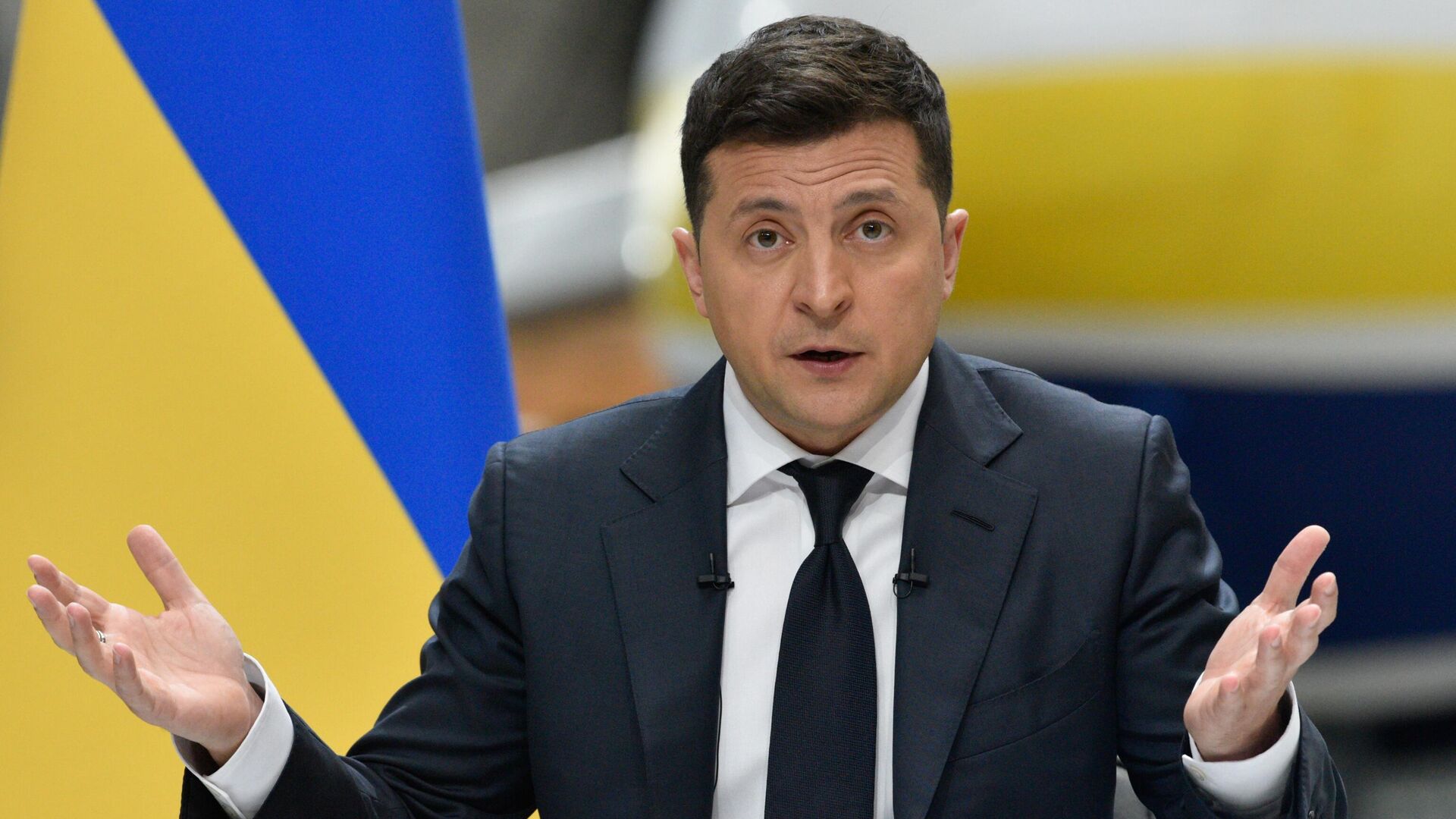 President of Ukraine Volodymyr Zelenskyy during a press conference following the results of two years in office of the head of state on the territory of the Antonov aviation plant - 1920, 24.10.2021