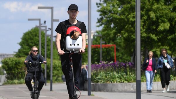 Молодой человек с котом в переноске едет на электросамокате в парке Музеон в Москве