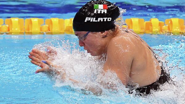 Italy's Benedetta Pilato competes in a heat for the Women’s 50m Breaststroke Swimming event during the LEN European Aquatics Championships at the Duna Arena in Budapest on May 22, 2021. (Photo by Attila KISBENEDEK / AFP)