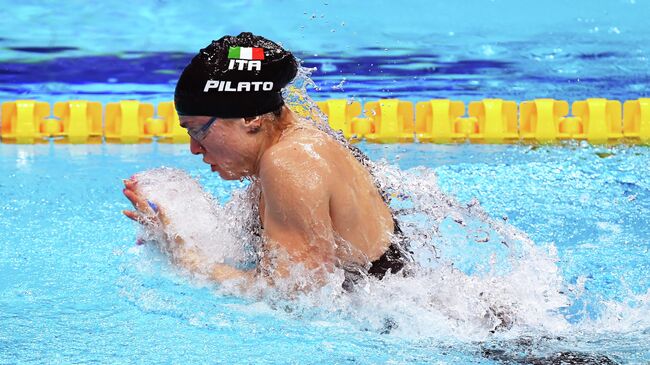 Italy's Benedetta Pilato competes in a heat for the Women’s 50m Breaststroke Swimming event during the LEN European Aquatics Championships at the Duna Arena in Budapest on May 22, 2021. (Photo by Attila KISBENEDEK / AFP)