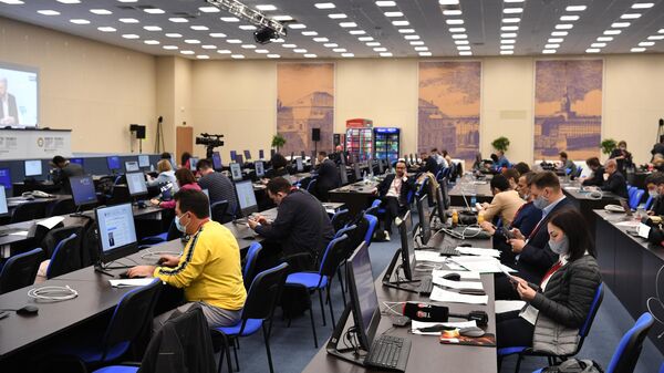 Главный пресс-центр Петербургского международного экономического форума - 2021 в конгрессно-выставочном центре Экспофорум
