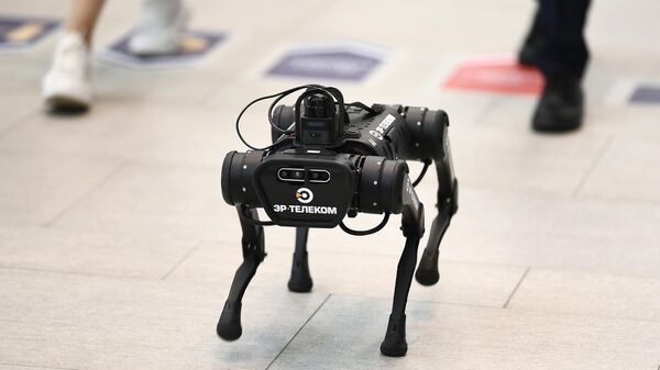 Робот-собака с логотипом компании ЭР-Телеком на Петербургском международном экономическом форуме - 2021