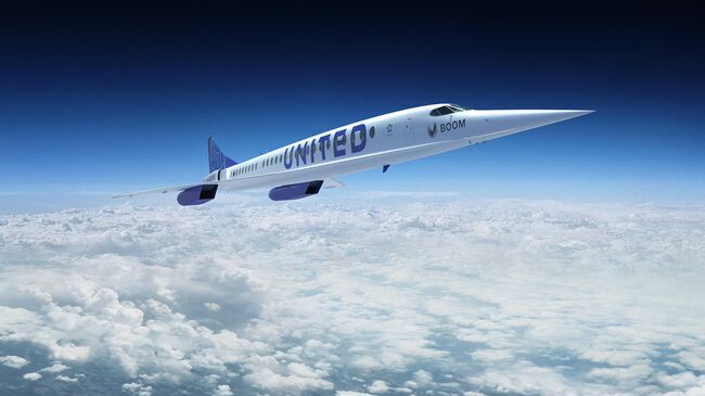 Релиз сверхзвукового самолета Boom Overture с логотипом авиакомпании United Airlines  