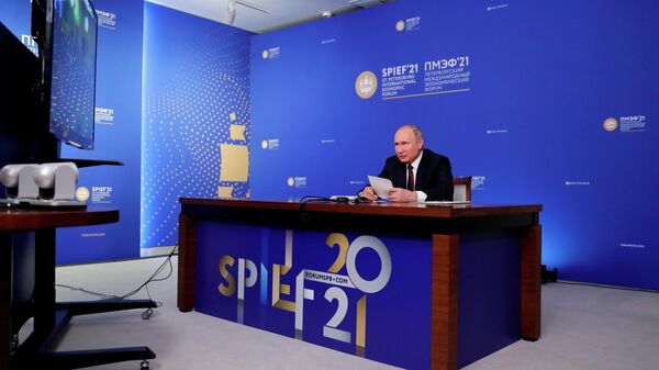  Владимир Путин во время встречи в режиме видеоконференции с руководителями крупнейших иностранных компаний в рамках Петербургского международного экономического форума - 2021