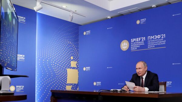 Владимир Путин во время встречи в режиме видеоконференции с руководителями крупнейших иностранных компаний в рамках Петербургского международного экономического форума - 202