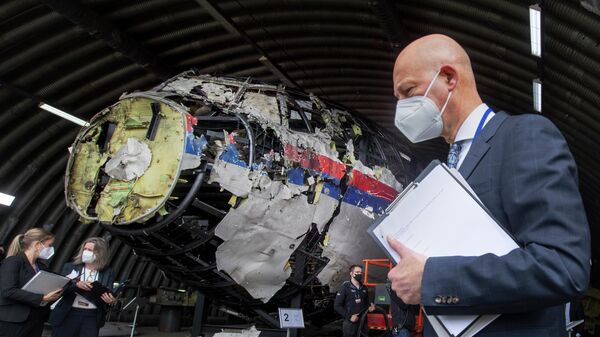 Председательствующий судья Хендрик Стинхейс осматривает обломки рейса MH17 авиакомпании Malaysia Airlines на авиабазе Гильзе-Рейен, Нидерланды