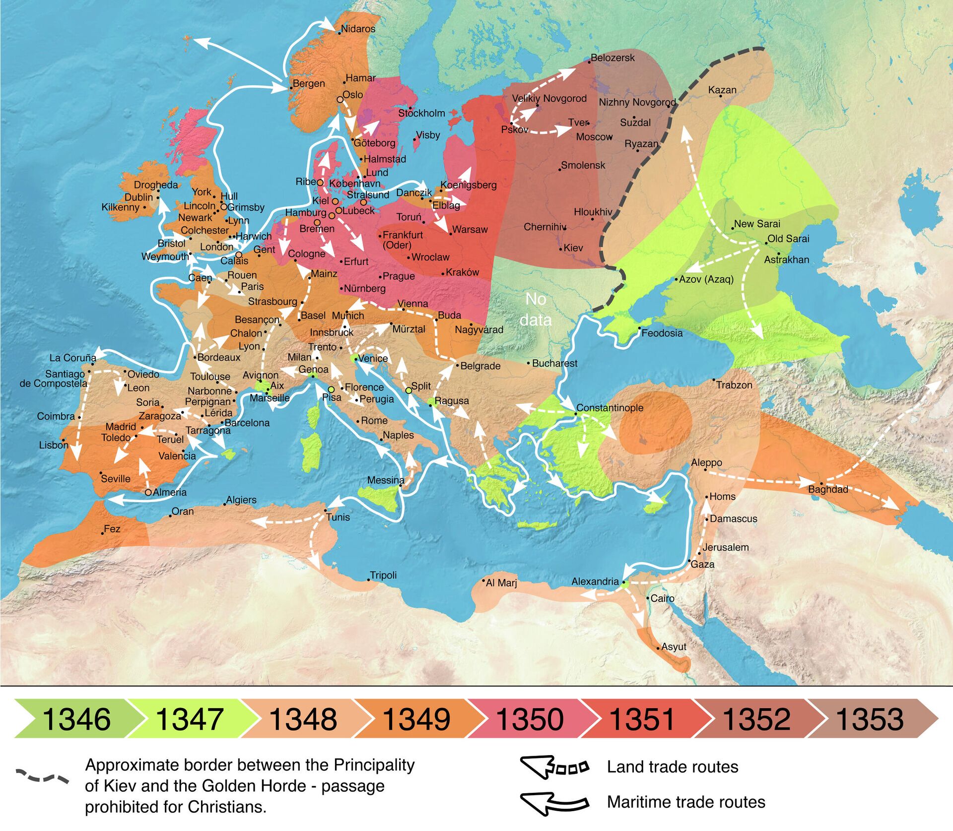 Пути распространения чумы в Европе и на Ближнем Востоке в 1346—1353 годы. Пунктирная линия - примерная граница между Киевским княжеством и Золотой Ордой, дальше которой христианам проход был запрещен. Стрелки - наземные и морские торговые пути
 - РИА Новости, 1920, 15.06.2021