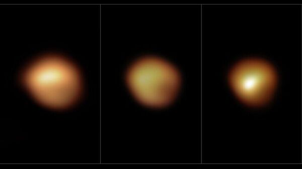 Изображения Бетельгейзе, сделанные Очень большим телескопом (VLT): слева направо - в январе 2019 года (еще с нормальной яркостью), декабре 2019 года, январе и марте 2020 года