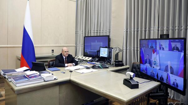 Председатель правительства РФ Михаил Мишустин проводит совещание с членами кабинета министров РФ в режиме видеоконференции