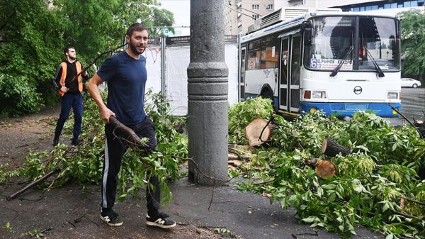 Мужчины убирают ветви деревьев после сильного ливня в Ростове-на-Дону