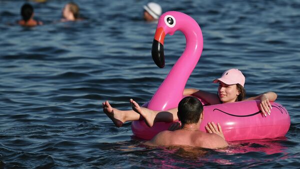 Люди купаются в Строгинском заливе в Москве в жарку погоду