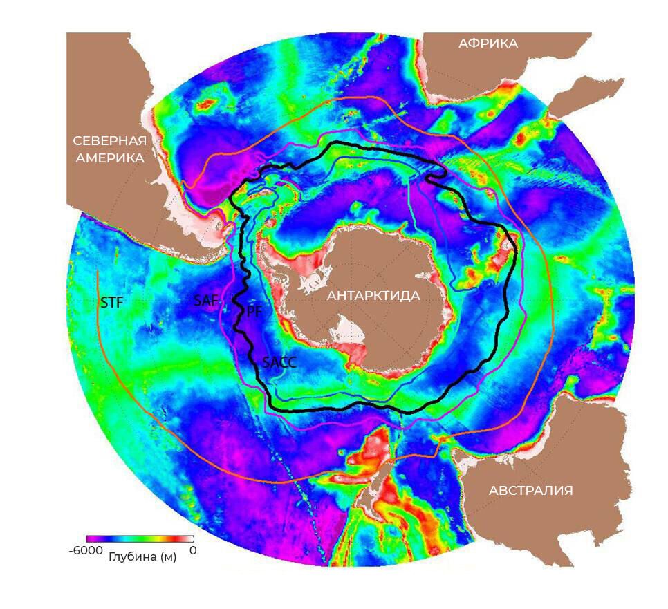 Карта отметок подводного рельефа в южной полярной области. Практически по всему контуру граница Южного океана (отмечена черным) совпадает с поднятиями на морском дне (зеленым) - РИА Новости, 1920, 21.06.2021