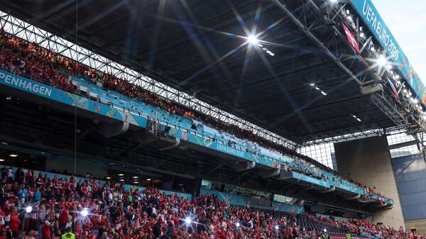 Трибуны стадиона Паркен в Копенгагене перед началом матча сборных России и Дании