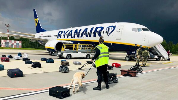 Белорусский кинолог проверяет багаж у самолета Ryanair Boeing 737-8AS